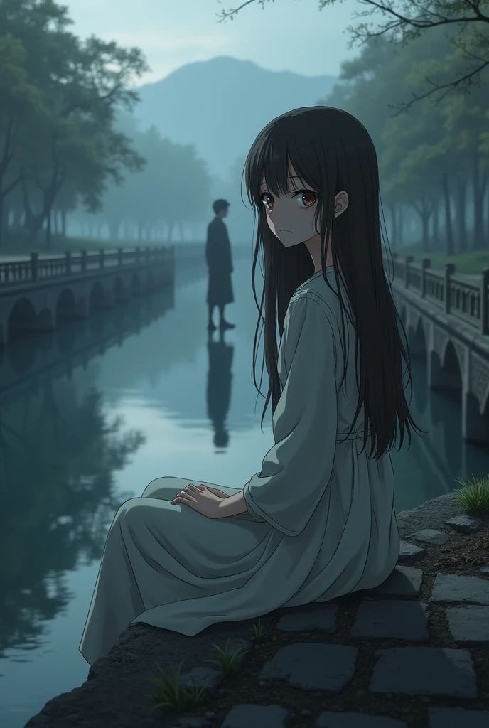 Realistic anime style image of a 20-year-old girl with very white skin, long and very straight dark brown hair, dark brown eyes, She is sitting on a bridge, sad, In the distance you can see the reflection of a male person who is approaching her but his face cannot be seen.