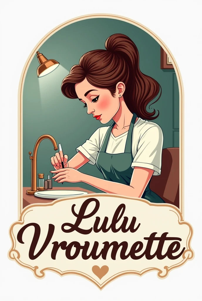 Cree un logo pour une onglerie sur roues dans un fourgon emménager, qui s'appelle "LULU VROUMETTE". Il y a une dame au cheveux brun qui fait une manicure