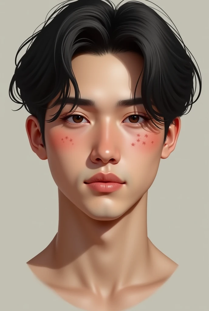 creates a man has a slightly oval shaped face, with subtly defined cheekbones that give her a balanced look. His skin is clear, but shows some acne marks on the cheeks, which adds a touch of realism. The eyes are dark and medium sized., They convey a serious and profound expression. They are framed by straight, well-defined eyebrows., that accentuate your look. The nose is straight and proportional., harmonizing well with the rest of its features. Her lips are thin, with a slight natural curvature, completing his expression. The hair is dark, seeds, and medium length, falling naturally over her forehead and to the sides of her face, framing her features softly.