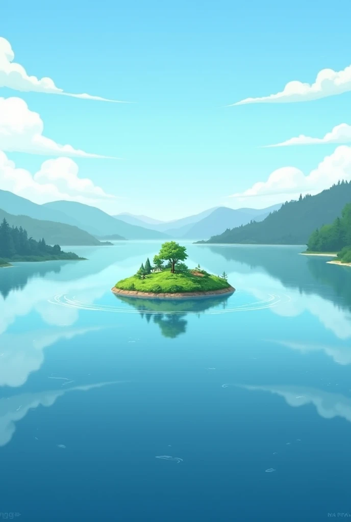 A large lake with a small, round patch of land