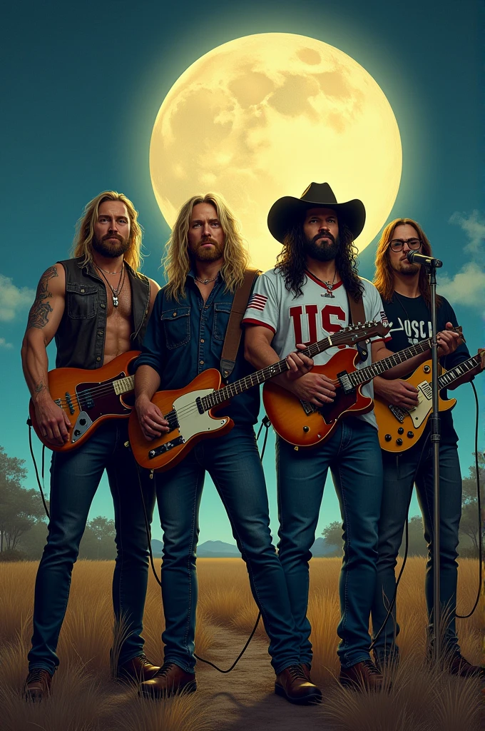 Create image of 4 members of a southern rock band under the moonlight shadow in texas. One member is blond with long hair, strong physique and holds a white Les Paul and wears a leather vest and tight leather pants, doesn't wear a hat and has a blond beard. ther member has long hair and wears a long beard., cowboy hat and holding a brown bass guitar and the other member has long, curly black hair, usa ALL star, smokes a cigarette and holds 2 drumsticks. The other member has long blonde hair., He has a long goatee and square glasses and is holding an old microphone stand.