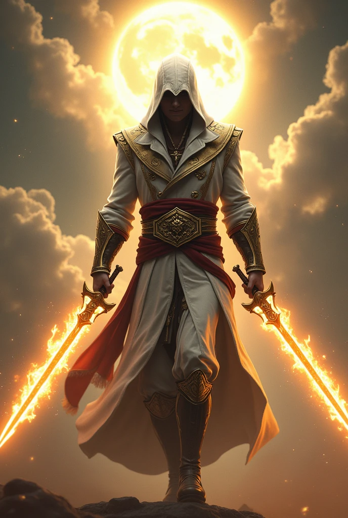 in a heavenly environment dark Assassin's Creed character dressed in heavenly robes holding two flaming swords