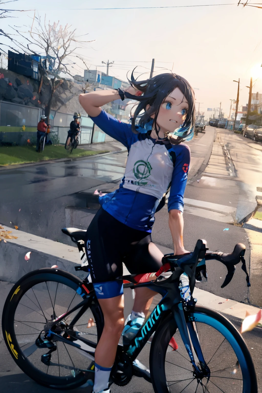 roadbike, Cycling spats, pokemon_It&#39;s left,  (masterpiece, Highest quality, 8K ultra-high resolution, :1.4), 14yo, kawaii, Pokemon Riko, ((Bloomers, Gymnastics)), Beautiful Eyes,Flash photography, Backlight,  , (smile:1.4), Written boundary depth, Dramatic portrayal, (room background) Focus of the film, , Emotional composition, Emotional engine full throttle BREAK Young and cute, Slender body, Flat Chest, Highly detailed glossy skin,Sweat,  完璧なPokemon Riko
, Wind, detailed in the Wind, petals dancing in the Wind
BREAK
ultra detailed crystal eyes, Eyes like shining jewels