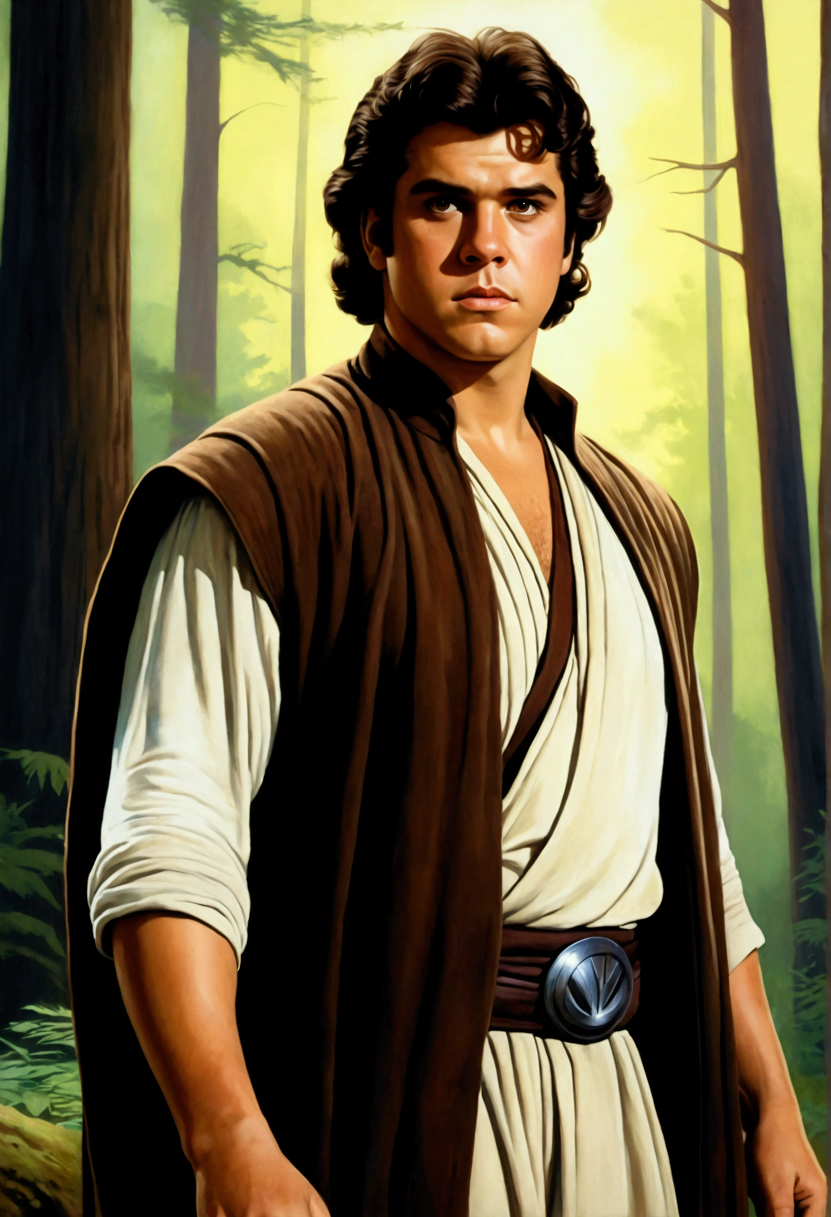 An illustrated movie poster, hand-drawn, full color, a young Jedi, 18-years-old, male, wearing an umbra tunic, portly figure, broad shoulders, muscular, hairy body, lost of body hair, brown eyes, brown-black hair, curly quiff, sun-tanned skin, resembles Lou Ferrigno, hiking through a desolate forest, graphite shading, stencil marks, airbrushed acrylic paint, masterpiece, in the style of Drew Struzan 