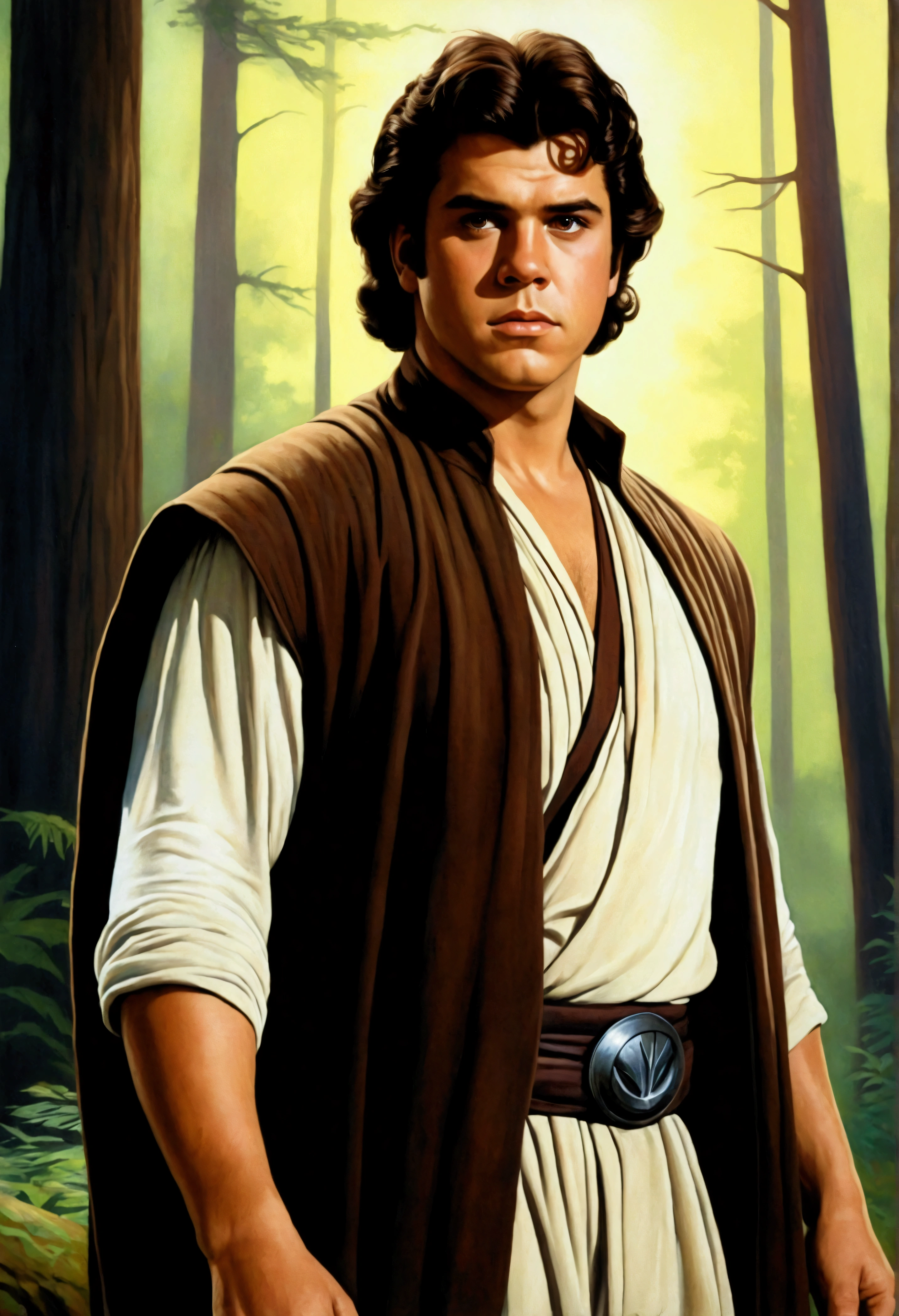 An illustrated movie poster, hand-drawn, full color, a young Jedi, 18-years-old, male, wearing an umbra tunic, portly figure, broad shoulders, muscular, hairy body, lost of body hair, brown eyes, brown-black hair, curly quiff, sun-tanned skin, resembles Lou Ferrigno, hiking through a desolate forest, graphite shading, stencil marks, airbrushed acrylic paint, masterpiece, in the style of Drew Struzan