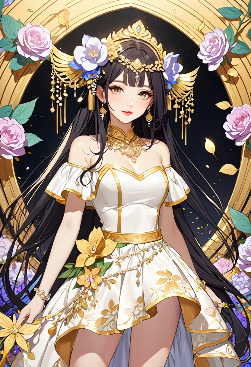 ((best quality)), ((Masterpiece)), (details), 1 woman, Medium bust, black hair, black eyes, ((long hair, buns)), Bangs , curve, beautiful face, Beautiful skin , Long eyelashes, Thick eyelashes, harem, at night,navel,Dancing,(charming, Dancingที่หรูหราและน่าหลงใหล:1.3),(Decorate your head with beautiful flowers..),(Light silk clothing),(Broken gold jewelry hung from her skirt..),นักเต้นที่เซ็กซี่และcharming