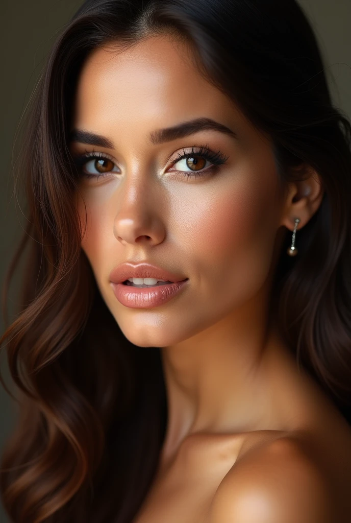 "Create an ultra-super-hyper-realistic portrait of a stunningly beautiful 1 Latina model. Her face is the epitome of elegance and refinement, with finely sculpted features that reflect youthful beauty and grace. Her skin has a flawless, smooth texture with a warm, golden undertone, radiating a natural glow. Her almond-shaped eyes are deep and captivating, in a rich, dark brown hue, framed by thick, perfectly arched eyebrows that add to her striking appearance. Her long, voluminous eyelashes enhance the depth of her gaze, which exudes a combination of confidence and softness. The model's nose is small, straight, and delicately shaped, harmonizing perfectly with her full, slightly parted lips that display a natural pinkish-red color, adding an inviting charm to her expression. Her cheekbones are high and subtly defined, giving her face a refined, elegant contour. Her hair is luxurious, cascading in soft waves, with a deep, rich brown color that contrasts beautifully against her glowing skin. The lighting in the portrait is meticulously designed to highlight every detail of her face, creating realistic shadows and reflections that emphasize the texture and depth of her features. The background is a soft gradient, intentionally blurred to ensure that all attention is drawn to the intricate details of her face, creating a breathtaking image that captures the essence of professional photography at its finest. The final result should be indistinguishable from a high-definition photograph, with each detail meticulously rendered to perfection."
