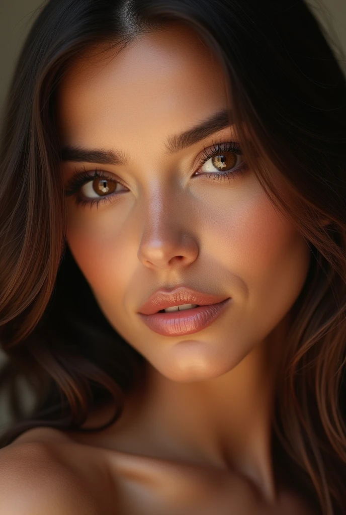 "Create an ultra-super-hyper-realistic portrait of a stunningly beautiful 1 Latina model. Her face is the epitome of elegance and refinement, with finely sculpted features that reflect youthful beauty and grace. Her skin has a flawless, smooth texture with a warm, golden undertone, radiating a natural glow. Her almond-shaped eyes are deep and captivating, in a rich, dark brown hue, framed by thick, perfectly arched eyebrows that add to her striking appearance. Her long, voluminous eyelashes enhance the depth of her gaze, which exudes a combination of confidence and softness. The model's nose is small, straight, and delicately shaped, harmonizing perfectly with her full, slightly parted lips that display a natural pinkish-red color, adding an inviting charm to her expression. Her cheekbones are high and subtly defined, giving her face a refined, elegant contour. Her hair is luxurious, cascading in soft waves, with a deep, rich brown color that contrasts beautifully against her glowing skin. The lighting in the portrait is meticulously designed to highlight every detail of her face, creating realistic shadows and reflections that emphasize the texture and depth of her features. The background is a soft gradient, intentionally blurred to ensure that all attention is drawn to the intricate details of her face, creating a breathtaking image that captures the essence of professional photography at its finest. The final result should be indistinguishable from a high-definition photograph, with each detail meticulously rendered to perfection."
