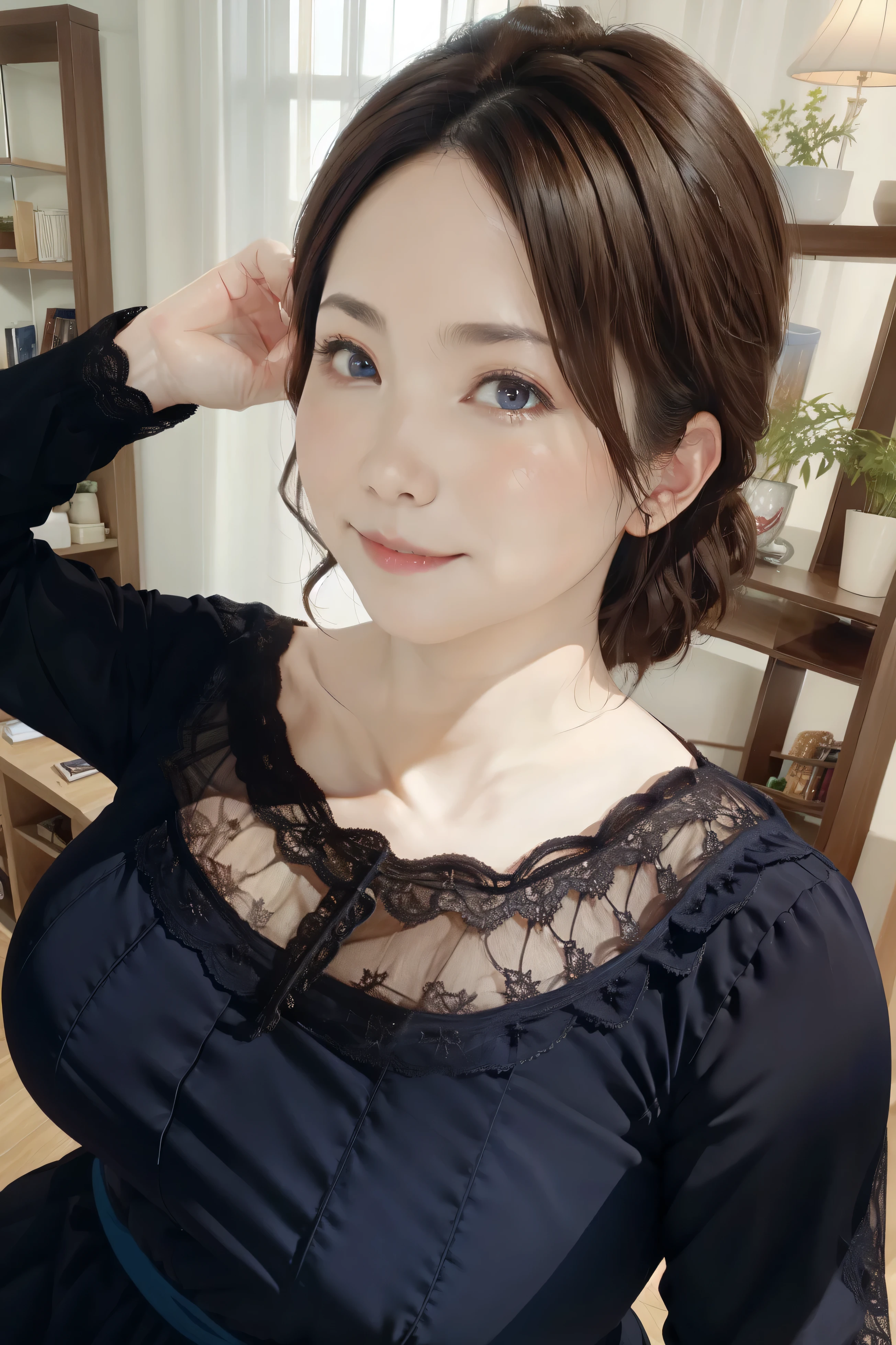 Middle-aged women:1.5、50 years old:1.8、Random Pause、Random Hairstyles、Simple background of blue sky、Best image quality、Ultra-realistic, 最high quality, high quality, High resolution, high qualityな質感, Big Breasts、A dress with a wide open chest、Lace Outfit、Woman in lingerie、Mature Woman、Perfect hands、Chubby woman、Plump woman、Upward glance