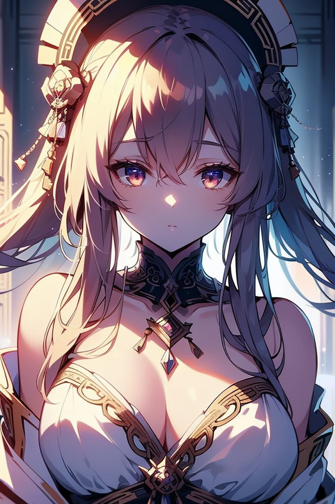 1 girl close up on face, beautiful and aesthetic, gorgeous, masterpiece, Best Quality, fantastic atmosphere, Soothing palette, Quiet, Soft shading, priestess with many chains around her body