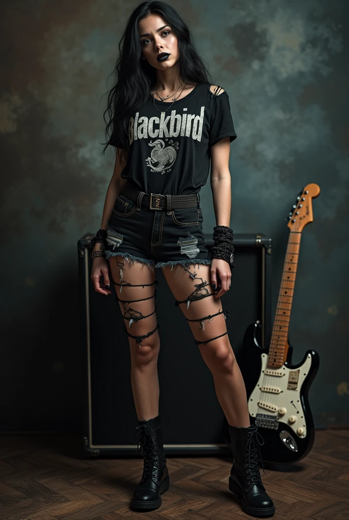 Black lipstick beautiful, full body, gothic, rocker, wearing a t-shirt with the text "Blackbird", leather boots, an electric guitar behind her, HD, super realistic, photography, Canon Rebel, nice pretty body, rockstar, torn clothes