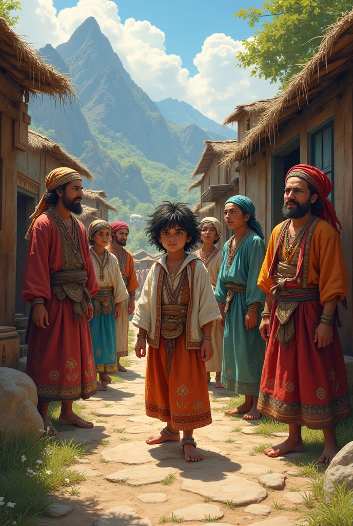 A gypsy boy among adult gypsies in a village 