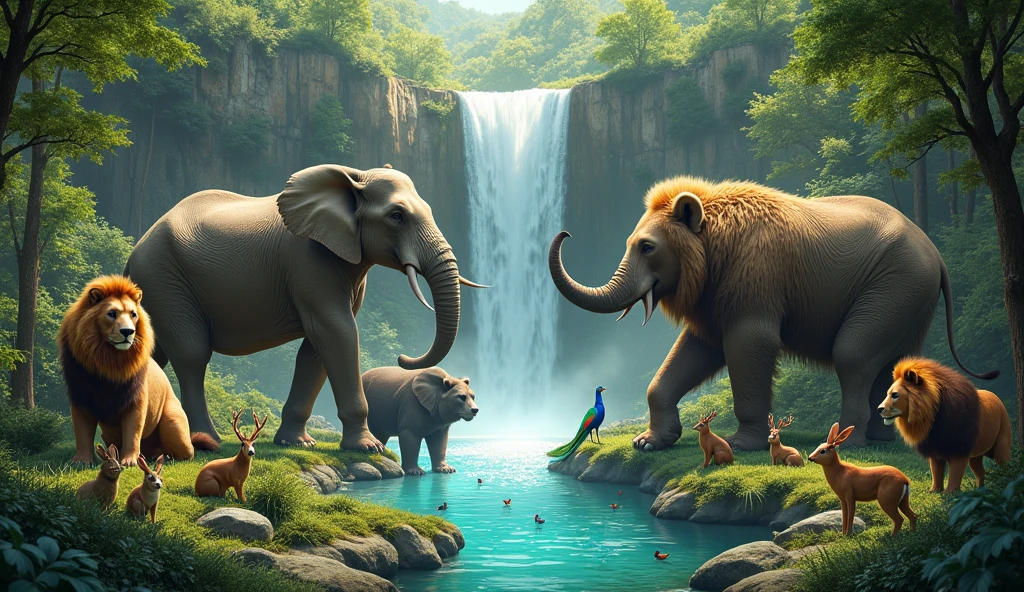 Animals in the garden of Eden at an enchanting waterfall, crystal clear blue water, animals as big as an elephant, bear, and and lion, animals as small as a beaver, rabbit, squirrel and deer, peacocks, parrots, we love them all! extremely detailed, High definition, 32K UHD, High resolution, Style Raw,