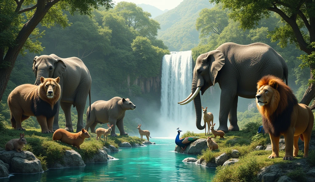 Animals in the garden of Eden at an enchanting waterfall, crystal clear blue water, animals as big as an elephant, bear, and and lion, animals as small as a beaver, rabbit, squirrel and deer, peacocks, parrots, we love them all! extremely detailed, High definition, 32K UHD, High resolution, Style Raw,