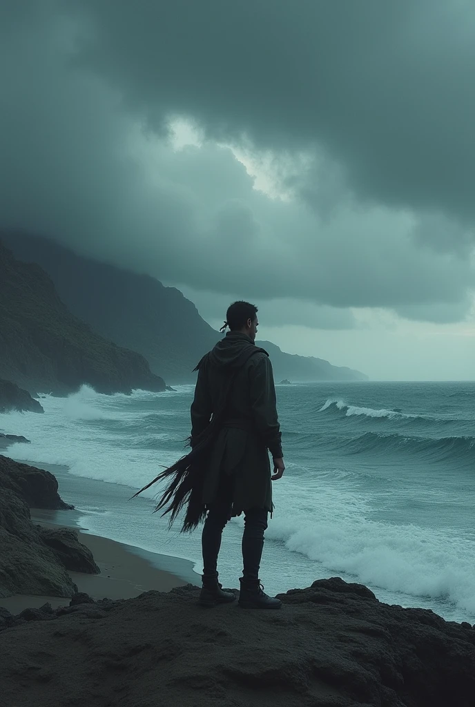 Une personne seule sur une île déserte, regardant l'horizon, vagues tumultueuses, ciel orageux, style sombre et dramatique