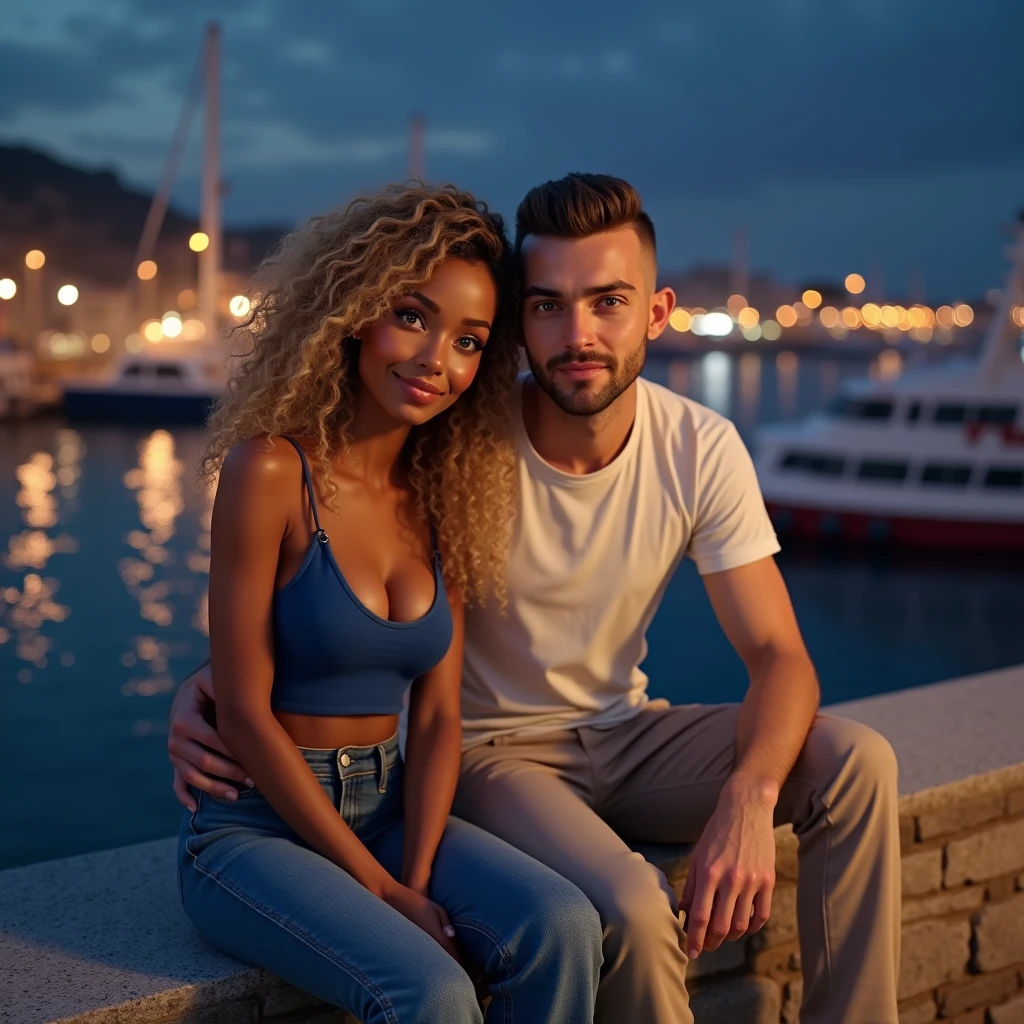 Selfie, Two friends, a White male man, 30's, brown eyes, buzz cut hair style, buzz cut hair, he wears a white T-shirt and beige pants,A woman Toffee color skin, beautiful toffee mixed woman with long blond curly hair and extremely detailled clear yellow eyes, middle body, she wears a sexy blue top and a Flared denim pants, selfie,They are sitting on a stone wall with a view of a port at night, ultrarealism
