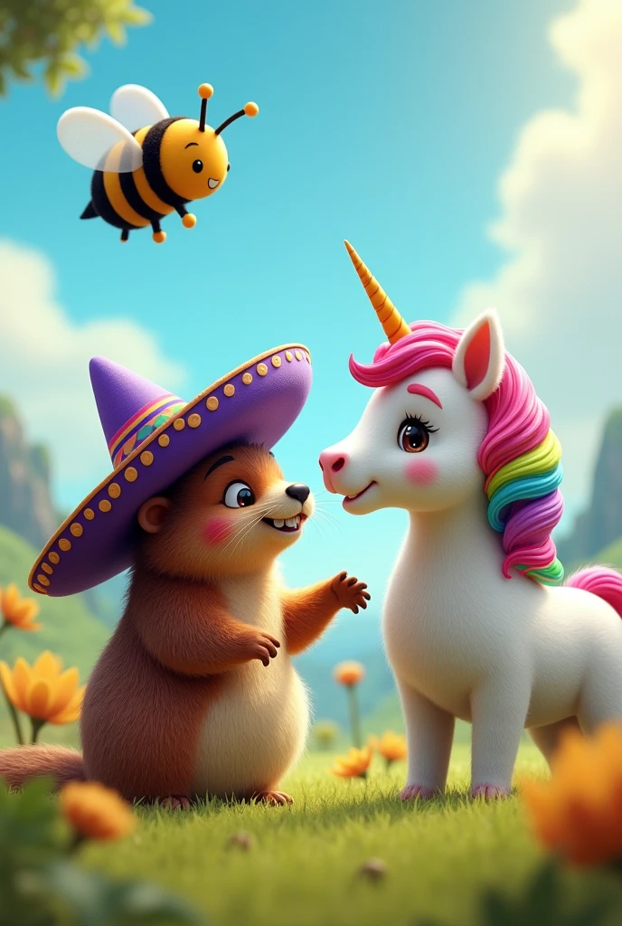 Une marmotte qui porte un chapeau mexicain violet en compagnie d'une licorne multicolore et d'un gros bourdon joyeux