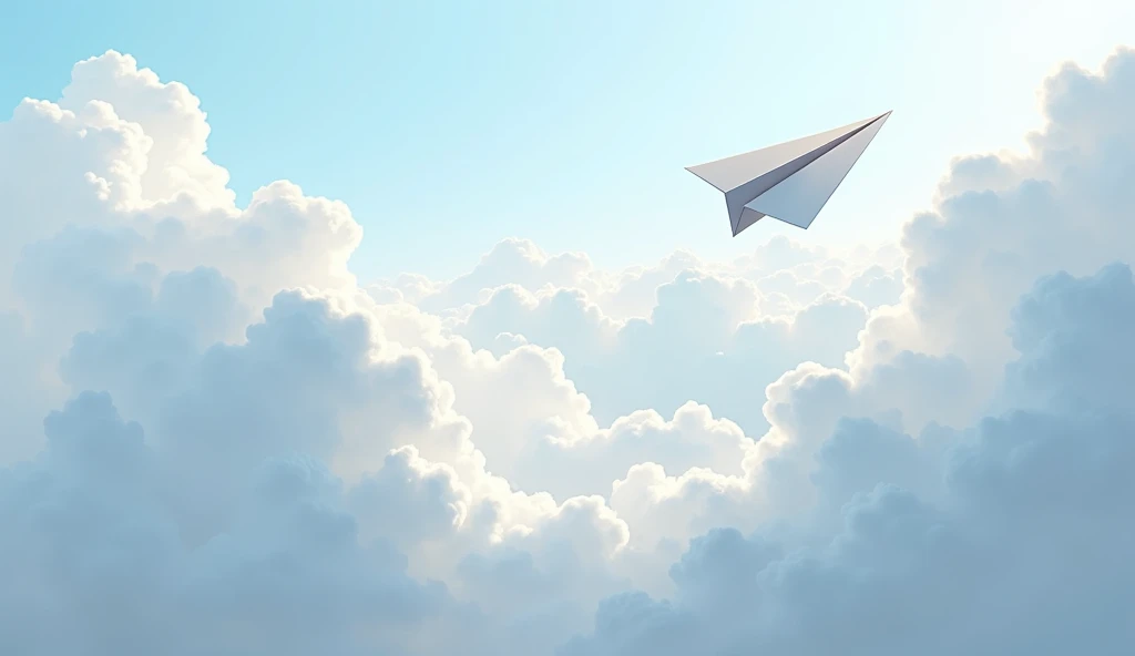 An ultra-high-resolution animated illustration showing a paper airplane flying above the clouds, viewed from above.