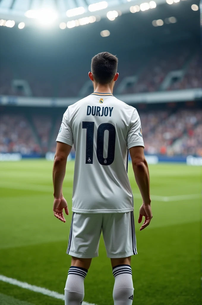 Real madrid jersey wearing player name written in jersey Durjoy number 10 on field