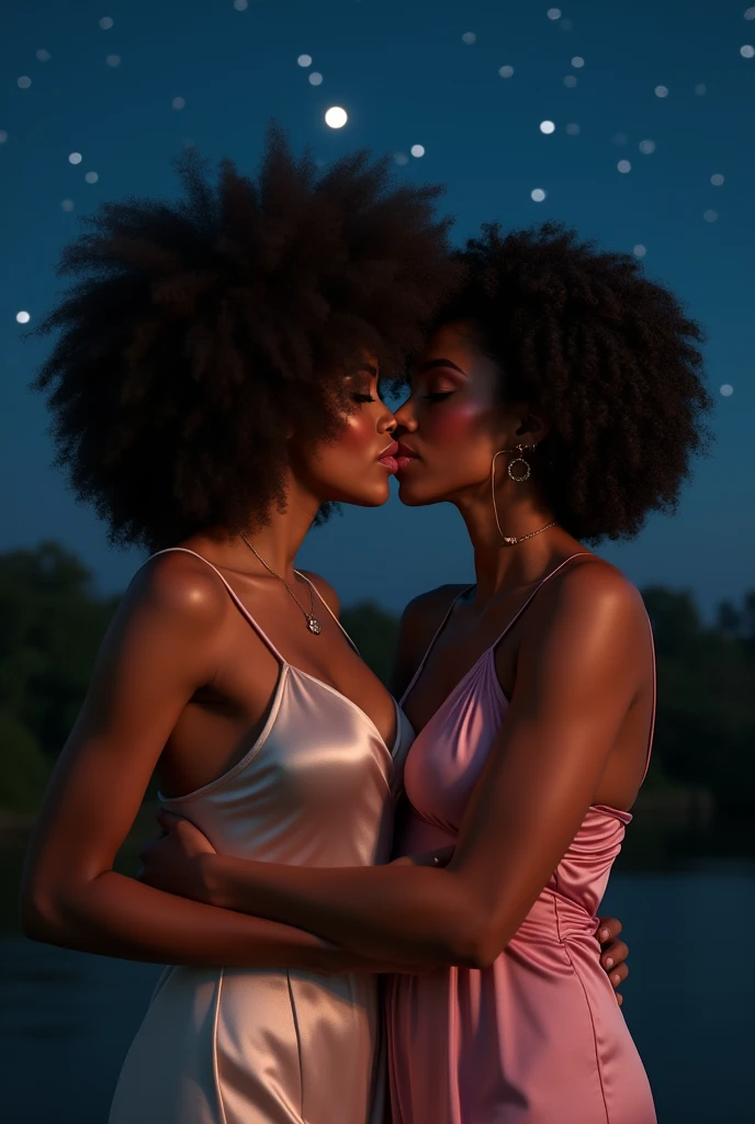 A very sexy lightskin habesha married woman climbs on top of her her busty asian-latina lover kissing passionately, touching seductively under the stars both women bodies pressed together tightly hugging each other both have very big busty clevage show big pink lips detailed eyes detailed big bold curly hair wearing long sexy sleeveless silk, very curvy sexy bodies, ultra HD 4k masterpiece, ultra HD 8k masterpiece, cinamtic realistic picture quality