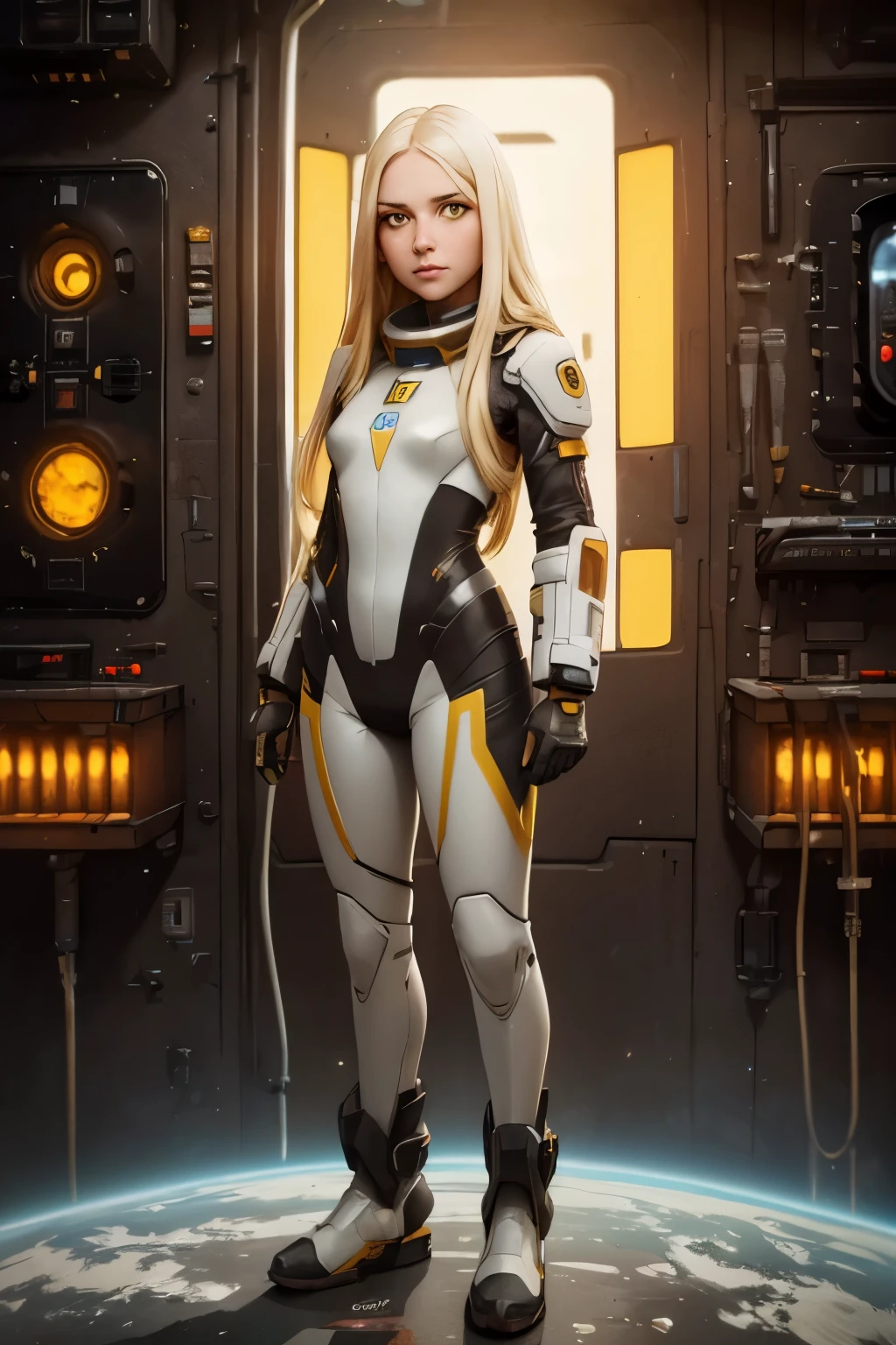 (young girl, , blond hair, photorealistic, pale skin), (yellow (eyes:1.2)), (slim build:1.3), (fantasy space suit), beautiful face, symmetrical face, Greg Rutkowski, wlop and Sam Kuvshinov, (long hair), blond eyelashes, large iris, large pupil, full body, standing on the background of the cosmodrome, artstation, 8k, science fiction, pastel colors, props, panel, concept, futuristic, gribble, simon stalenhag, space, in outer space, a spaceship in the sky, technological blocks, futuristic world:1.5, rusty metal futuristic world, (simple oil painting in a style to Bill Sienkiewicz)