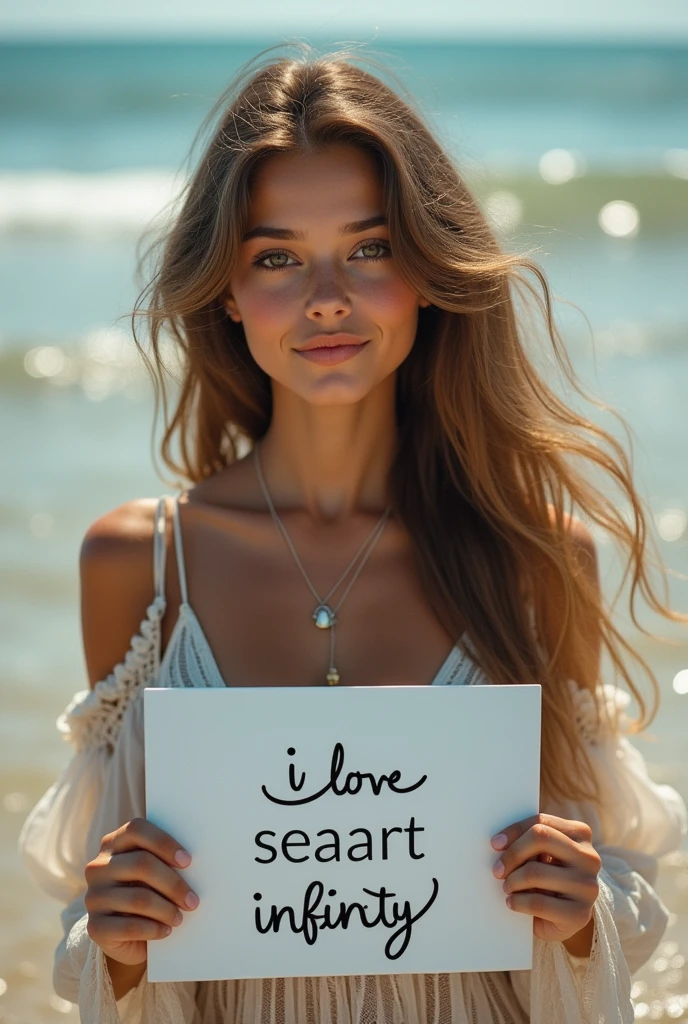 Beautiful girl with wavy long hair, bohemian dress, holding a white board with text "I Love Seaart Infinity" and showing it to the viewer