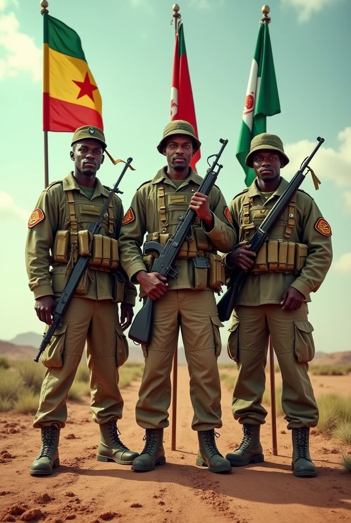 Generated the Malian soldier and the Bourkinabe soldier and the soldier from Niger together holding their flag