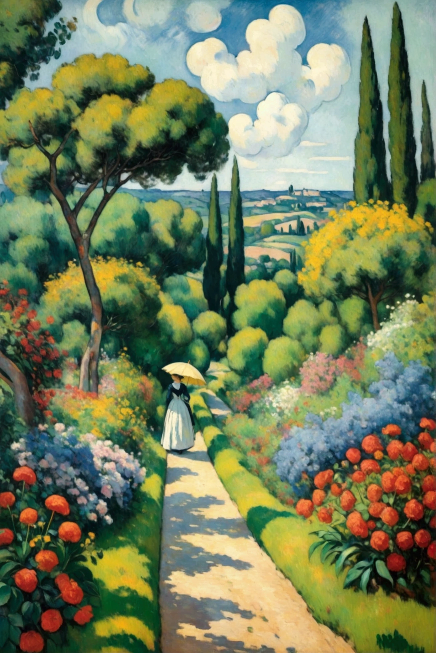 A wild pathway spilling with summer flowers, a distant view of a noblewoman passing by with a parasol, the figure of the noblewoman blending into the landscape, the scene of Cézanne's painting, illustration, and the best quality of the picture.