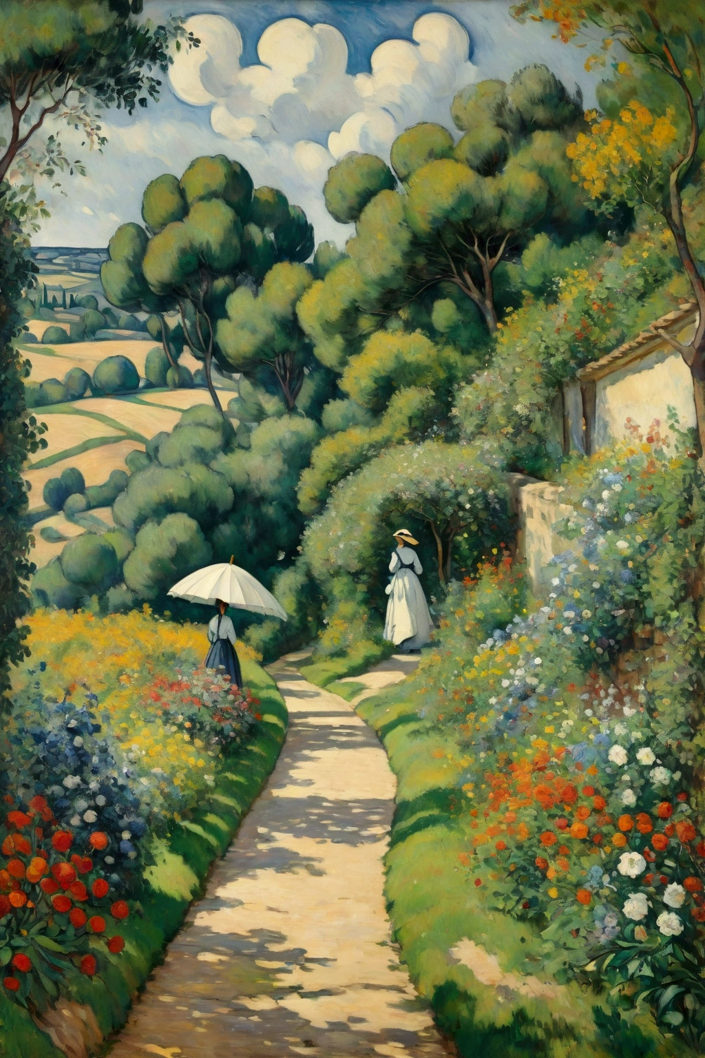 A wild pathway spilling with summer flowers, a distant view of a noblewoman passing by with a parasol, the figure of the noblewoman blending into the landscape, the scene of Cézanne's painting, illustration, and the best quality of the picture.