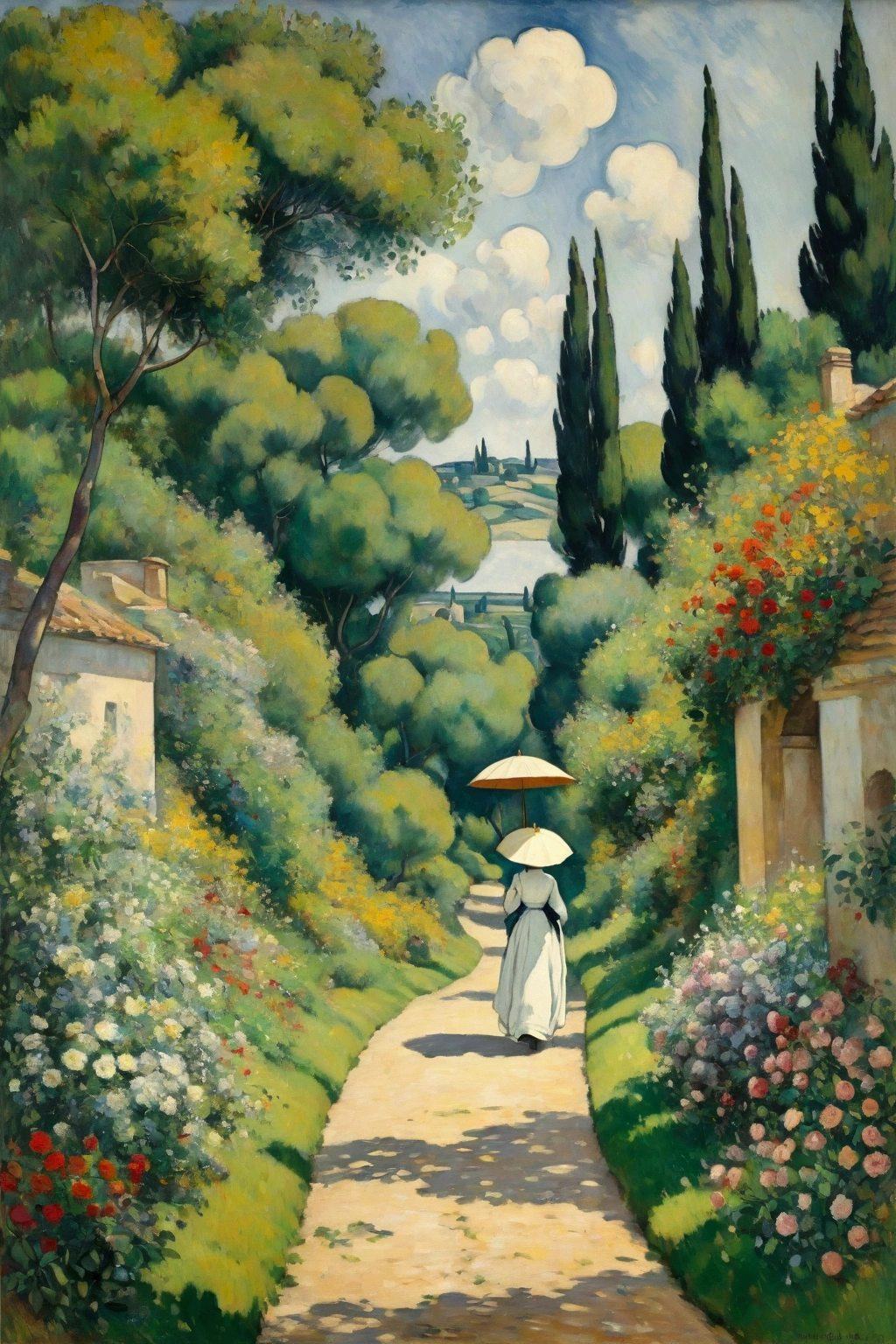 A wild pathway spilling with summer flowers, a distant view of a noblewoman passing by with a parasol, the figure of the noblewoman blending into the landscape, the scene of Cézanne's painting, illustration, and the best quality of the picture.