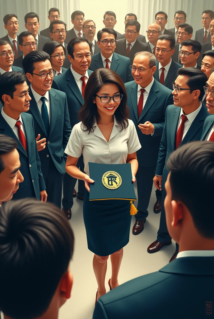 Imagine a politically realistic image where the Philippine media is represented by a figure, like a news anchor or a teacher with the rollet logo uniform,holding a graduation cap with the rollet logo ,stand in the center of the picture. The figure is surrounded by various stakeholders, How do politicians, business leaders, and the general public, each pulling the media figure in different directions.