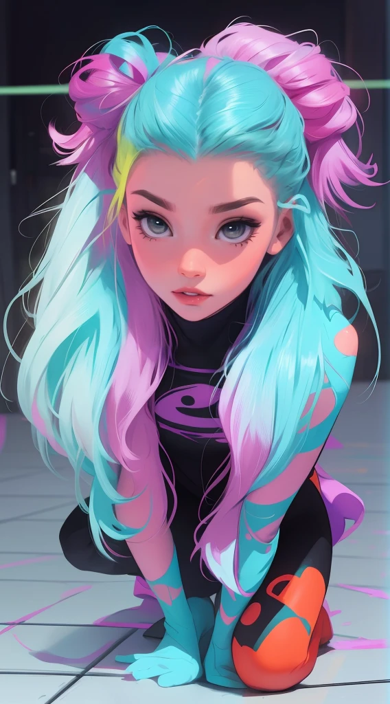 halloween theme, full body pose cute photo, front view, neon face paint, bright eyes, reflections., in the style of realistic hyper - detailed portraits, Soft color, ravecore, emphasis on detail, glow in the dark, blink - and - you - miss - it detail, eye - catching detail random angle, realistic cartoon, Une belle fille avec, UHD (ultra details) Regarder le spectateur en tenue de ville de style hip-hop; different, colourfull, long, Highly colored hair 🌈