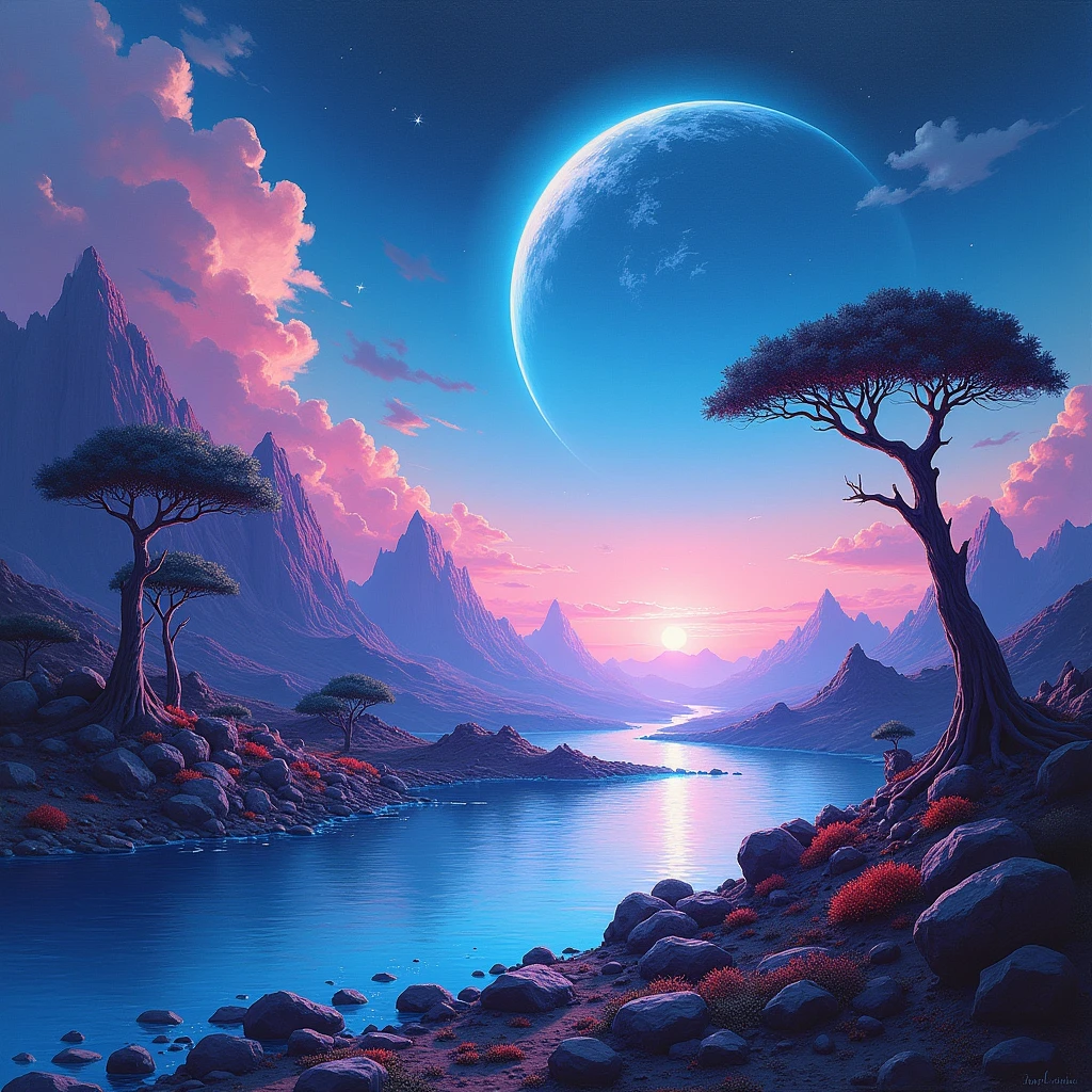In this visually stunning image - perhaps a breathtaking painting - we find ourselves on an alien planet, overlooking a vast valley landscape. The scene is adorned with vibrant neon lights that seem to dance against the far horizons. A few sparse trees, their leaves alien in shape and color, stand proudly near a crystalized lake that glistens under the enchanting glow. The impeccable details capture the essence of the otherworldly scenery, immersing viewers in a captivating realm where the boundaries between reality and fantasy blur.