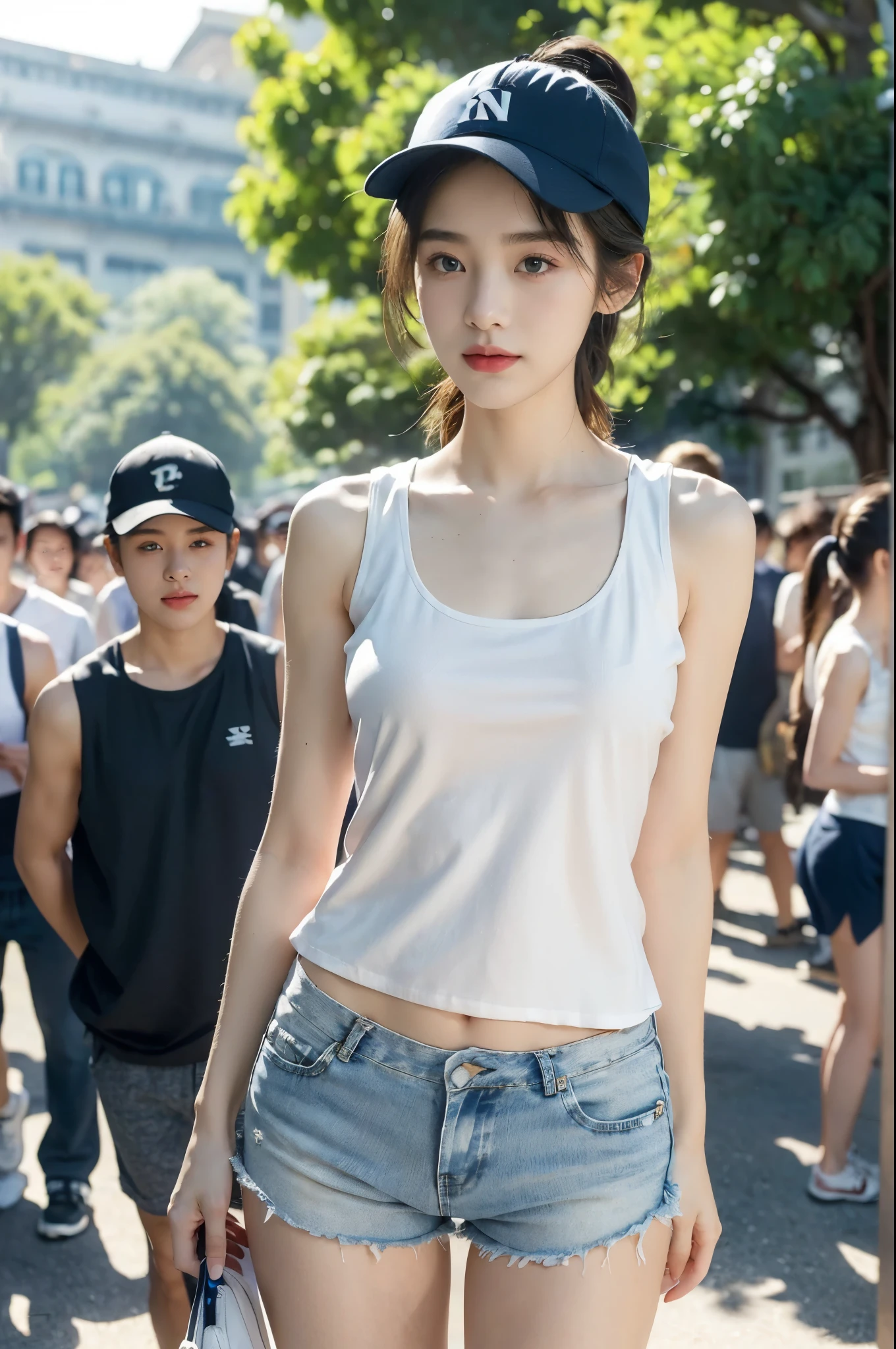 make bud123no style pictures. a beautiful Taiwanese girl with a fat posture walks down the street amidst busy people wearing glasses and a wet white jumbo iced tea crop tank top