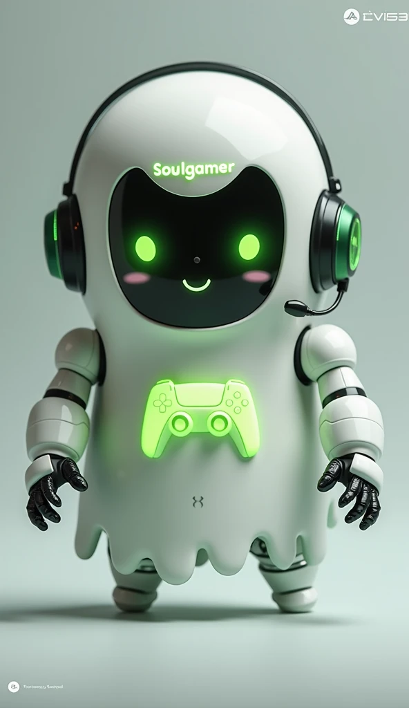 Create a medium-sized robot pet with a ghost-like appearance. With slightly rounded shapes resembling a drop. Create a medium-sized robot pet with a ghost-like appearance. With slightly rounded shapes resembling a drop. On his hands he has well-defined fingers and fluorescent green details.. His facial expression has large, green eyes with a glow, conveying a friendly and cheerful expression. He has a small open mouth with a happy smile and flushed cheeks.. Its body is white with small green details and a smooth, slightly shiny texture.. On his forehead is written the word "Soulgamer".He has a headset on his head with an adjustable microphone positioned close to his mouth.. And on his chest you can see the illuminated shape of a Playstation 5 controller in fluorescent green.. He floats in the air as if he is ready for an adventure, but you can see the tips of their feet which also have fluorescent green details.