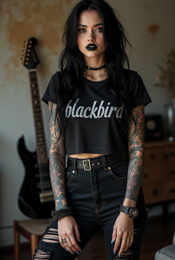 Black lipstick beautiful, full body, gothic, rocker, wearing a t-shirt with the text "Blackbird", leather boots, an electric guitar behind her, HD, super realistic, photography, Canon Rebel, nice pretty body, rockstar, torn clothes, in real life
