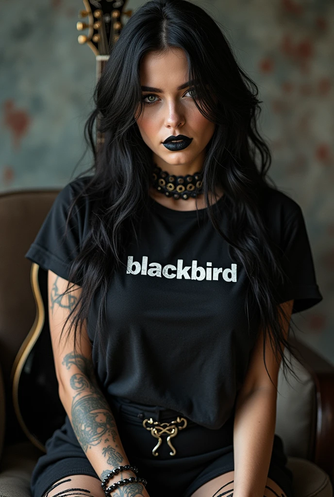 Black lipstick beautiful, full body, gothic, rocker, wearing a t-shirt with the text "Blackbird", leather boots, an electric guitar behind her, HD, super realistic, photography, Canon Rebel, nice pretty body, rockstar, torn clothes, in real life