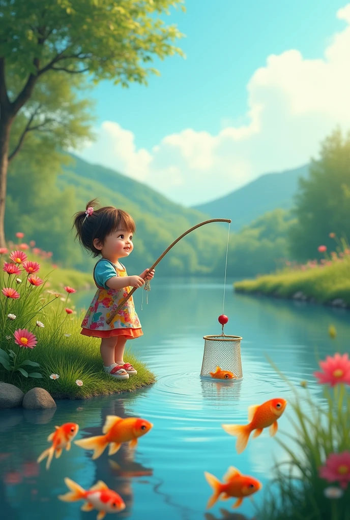 Peche aux poissons rouges qui sont dans l’eau.