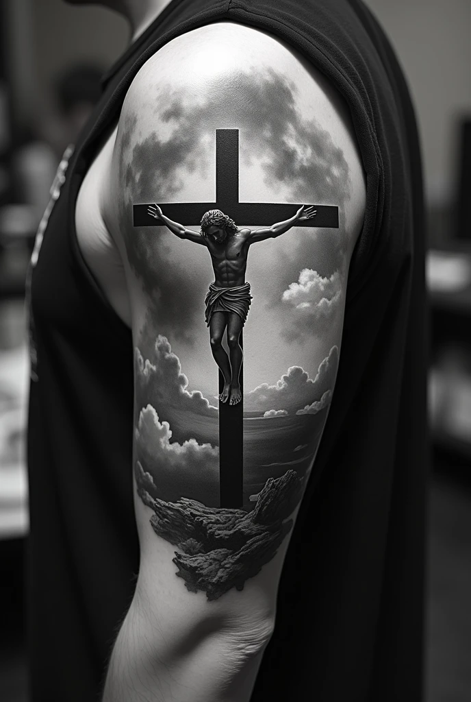 Tattoo of a cross of Jesus Christ with the sky in the background on the front of the arm that extends from the shoulder to the forearm. Let it be without color, That is to say, the drawing is in black and white.. Put a sky in the background that obscures the entire posterior area between the shoulder and the forearm