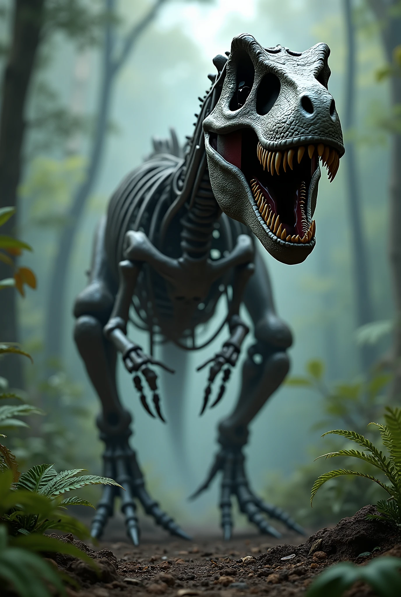 a rex dinosaur with the body of a skeleton