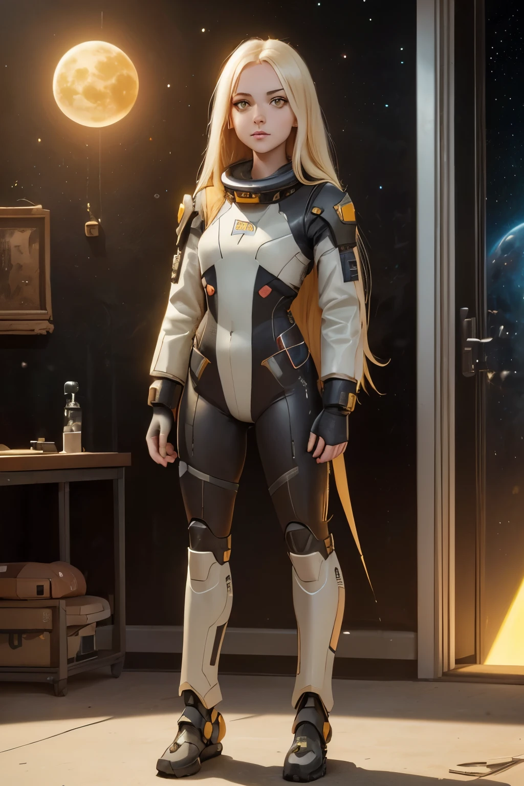 (young girl, , blond hair, photorealistic, pale skin), (yellow (eyes:1.2)), (slim build:1.3), (fantasy space suit), beautiful face, symmetrical face, Greg Rutkowski, wlop and Sam Kuvshinov, (long hair), blond eyelashes, large iris, large pupil, full body, standing on the background of the cosmodrome, artstation, 8k, science fiction, pastel colors, props, panel, concept, futuristic, gribble, simon stalenhag, space, in outer space, a spaceship in the sky, technological blocks, futuristic world:1.5, rusty metal futuristic world, (simple oil painting in a style to Bill Sienkiewicz)