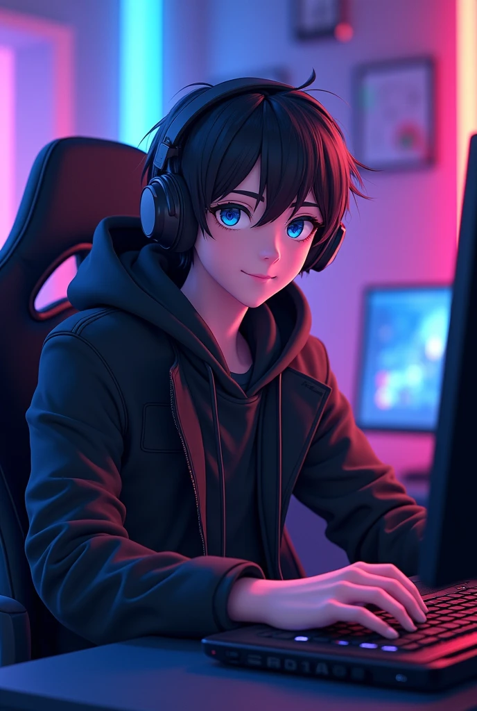 Young man with black hair  , black eyes , wearing a black hooded coat and headphones sitting on a gaming chair and his laptop looking at the camera with a background of led lights , very sociable and happy ,anime .