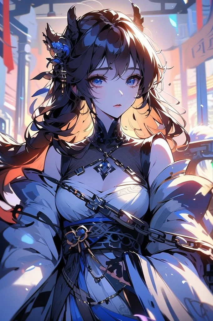 1 girl close up on face, beautiful and aesthetic, gorgeous, masterpiece, Best Quality, fantastic atmosphere, Soothing palette, Quiet, Soft shading, priestess with many chains around her body