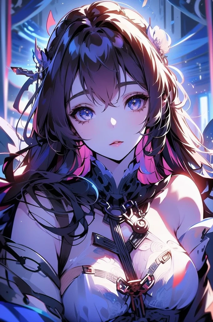 1个Giant Breast Girl, black halloween dress, perverted grin, Glowing background in dark theme, closeup portrait, Permanent, The upper part of the body, Multicolor gradient beautiful hair,detail-rich, queenly attitude, anime coloring, MIDJOURNEY, rainbow art, nightcore