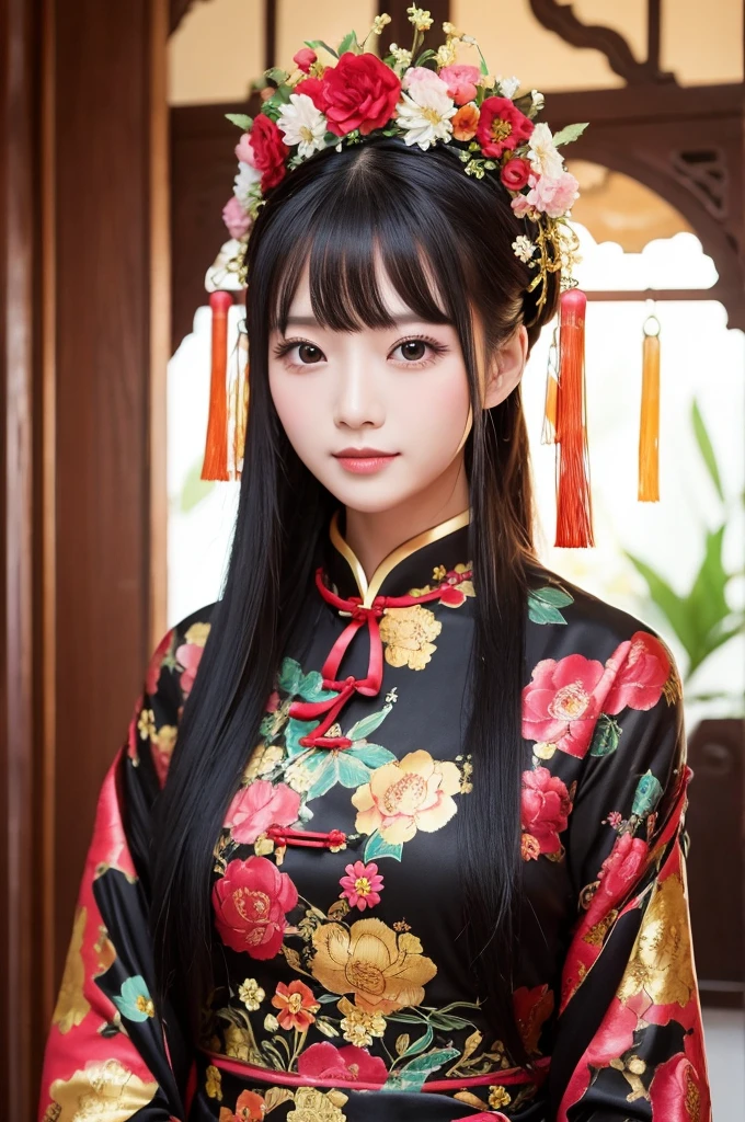 Long black hair, beautiful woman, Chinese dress, flower decoration on head
