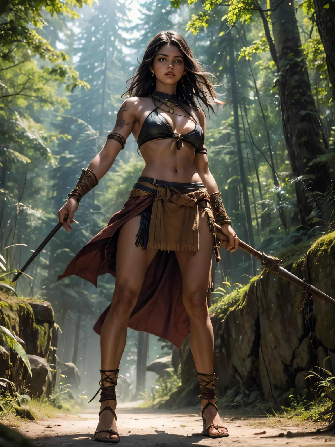 Style: "Prehistoric fantasy setting with a focus on authentic primitive clothing and accessories, reflecting the materials and craftsmanship of early human cultures." Forest hunter Arunna is a beautiful prehistoric woman of the European race. Face: Oval, with well-defined cheekbones, a straight nose and full lips. Big green eyes, dark brown hair with red highlights, long, wavy, loose. Light tanned skin. Body: Tall, athletic figure with muscular but graceful arms and legs. Medium-sized breasts, toned stomach, wide hips. Tattoos: A black tattoo of a primitive sun symbol on the left shoulder and three parallel lines on the right thigh.
Clothing:
Material: Natural raw hide of a wild animal, with rough seams and dark spots.
Skirt: Short, pieced leather, dark brown, mid-thigh length, with raw edges and side slits.
Top: A primitive bra of the same material, covering only the breasts, tied at the back with a leather string.
Armlets: Long leather bands wrapped around the wrists, decorated with fur and wood and bone beads.
Pose:
Arunna stands on half-bent legs, preparing to throw the spear. She holds a spear with her left hand and touches the ground with her right hand, checking for tracks. Her body is slightly bent forward, ready for action.
Facial expression: Concentrated, slightly raised eyebrows, eyes wide open, focused on the prey.
Background:
Dense forest area, with tall trees and dense vegetation. Sunlight breaks through the branches, creating playful shadows on the ground.