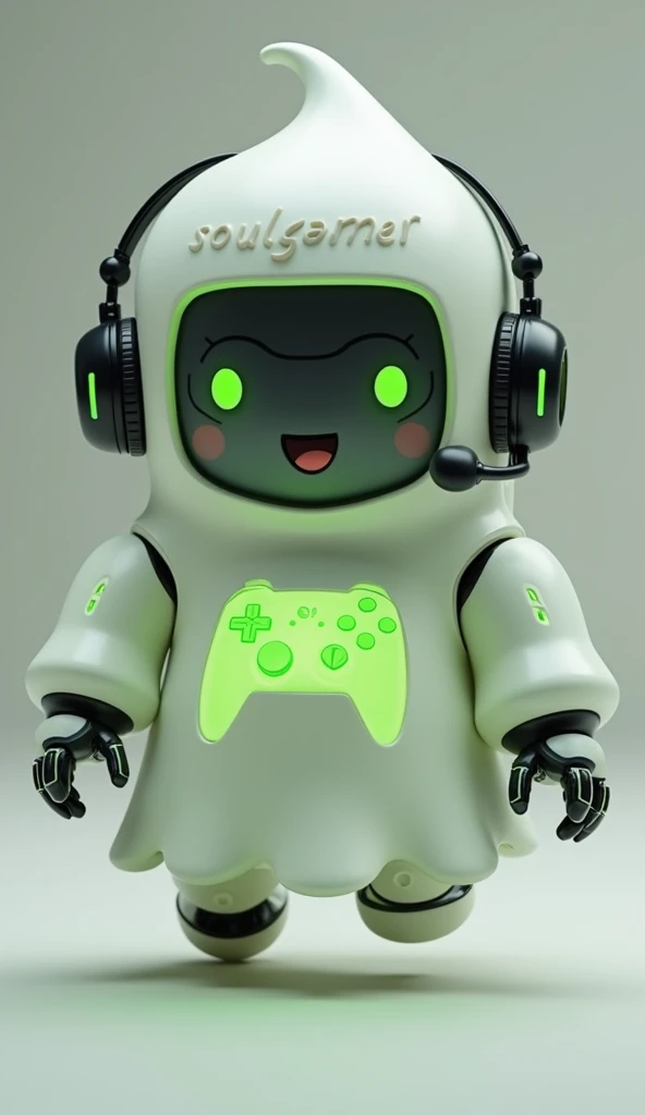 Create a medium-sized robot pet with a ghost-like appearance. With slightly rounded shapes resembling a drop. Create a medium-sized robot pet with a ghost-like appearance. With slightly rounded shapes resembling a drop. On his hands he has well-defined fingers and fluorescent green details.. His facial expression has large, green eyes with a glow, conveying a friendly and cheerful expression. He has a small open mouth with a happy smile and flushed cheeks.. Its body is white with small green details and a smooth, slightly shiny texture.. On his forehead is written the word "Soulgamer".He has a headset on his head with an adjustable microphone positioned close to his mouth.. And on his chest you can see the illuminated shape of a Playstation 5 controller in fluorescent green.. He floats in the air as if he is ready for an adventure, but you can see the tips of their feet which also have fluorescent green details.
