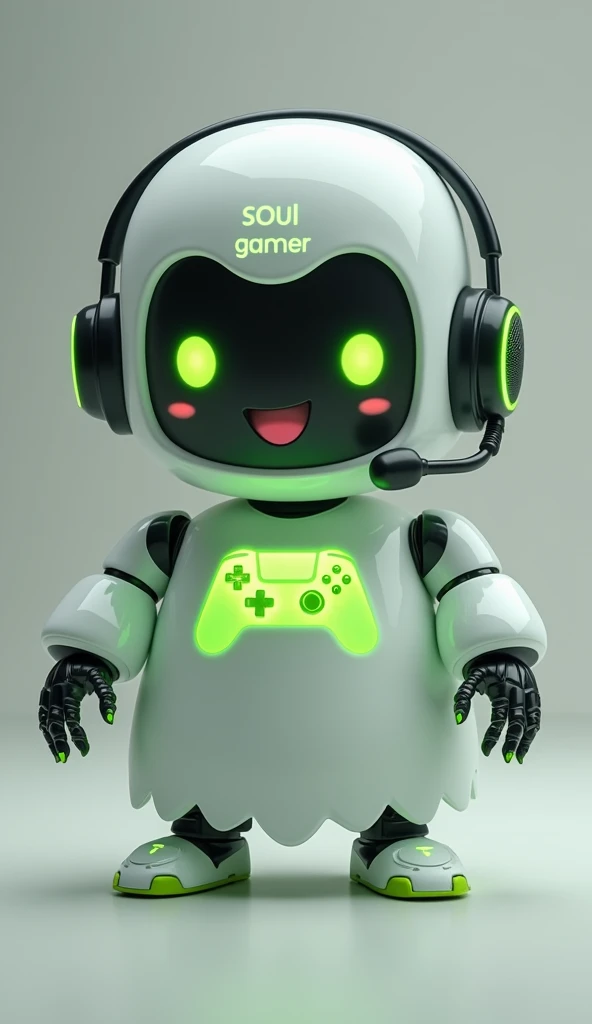 Create a medium-sized robot pet with a ghost-like appearance. With slightly rounded shapes resembling a drop. Create a medium-sized robot pet with a ghost-like appearance. With slightly rounded shapes resembling a drop. On his hands he has well-defined fingers and fluorescent green details.. His facial expression has large, green eyes with a glow, conveying a friendly and cheerful expression. He has a small open mouth with a happy smile and flushed cheeks.. Its body is white with small green details and a smooth, slightly shiny texture.. On his forehead is written the word "Soulgamer".He has a headset on his head with an adjustable microphone positioned close to his mouth.. And on his chest you can see the illuminated shape of a Playstation 5 controller in fluorescent green.. He floats in the air as if he is ready for an adventure, but you can see the tips of their feet which also have fluorescent green details.