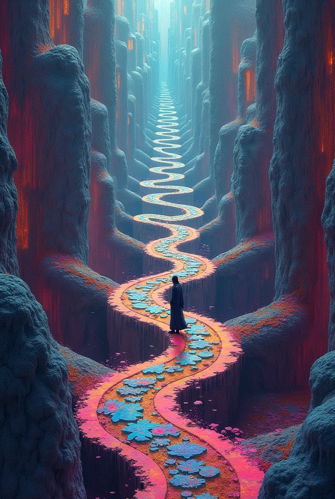 Un labyrinthe complexe avec plusieurs chemins possibles, une personne au centre, style psychédélique", "Une forêt dense avec plusieurs sentiers, brouillard épais, ambiance mystérieuse