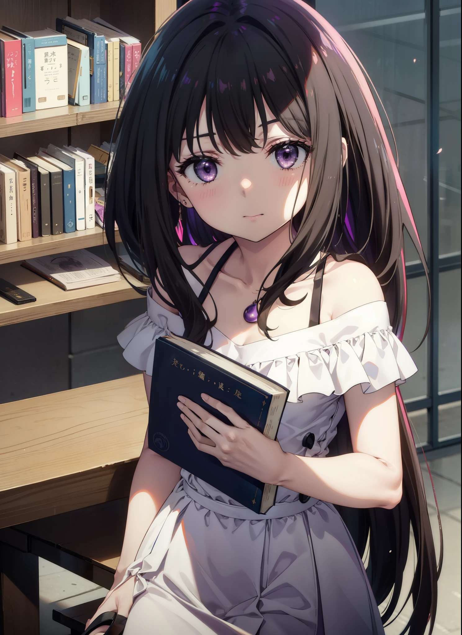 Takiuchikami,Long Hair, bangs, Black Hair, (Purple eyes:1.2),smile,blush,Open your mouth,Off-the-shoulder dress,Bare shoulders,bare clavicle,Bare neck,Rocket Pendant,mini skirt,Cute heeled sandals,Holding a book in both arms,Bookshelf,There are books piled up on the table,whole bodyがイラストに入るように,
break indoors, figure書館,
break looking at viewer,whole body,
break (masterpiece:1.2), Highest quality, High resolution, unity 8k wallpaper, (figure:0.8), (Beautiful attention to detail:1.6), Highly detailed face, Perfect lighting, Highly detailed CG, (Perfect hands, Perfect Anatomy),